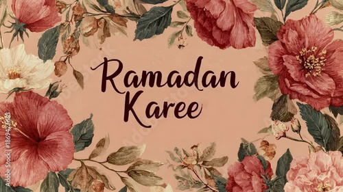 Floral border with pink and red blossoms and green leaves frames a brown background with text 'Ramadan Kareem' 