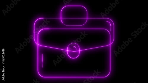 Pulsating purple neon outline animation of a briefcase drawing on a black background, professional, success, career, startup, or legal