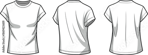Women t shirt technical flat illustration, front back and side views, short sleeve apparel vector fashion design template mockup clothing