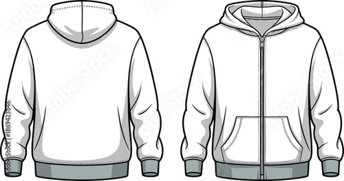 Zip up hoodie technical flat illustration, front and back views, hooded sweatshirt apparel vector clothing design template fashion mockup production