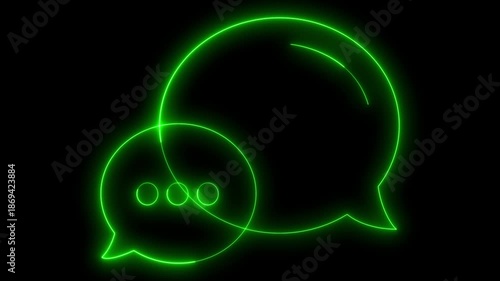 Vibrant glowing neon green speech bubbles outline animation with text input dots on a black background, communication, messaging, chat, social media, or technology
