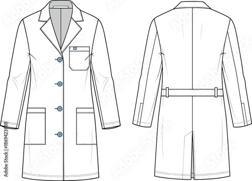Women trench coat technical flat illustration, front and back views, long jacket apparel vector fashion design template clothing mockup production