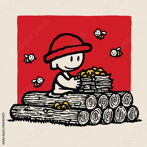 Playful cartoon character stacking colorful bricks on a log