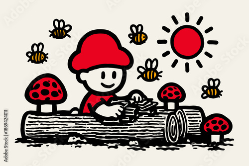 Playful cartoon character stacking colorful bricks on a log