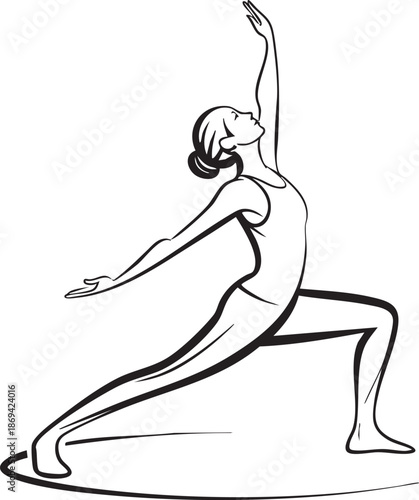 Yoga Warrior Pose Silhouette – Black Line Vector Illustration Featuring Dynamic Lunge and Mindful Arm Extension