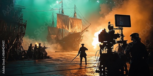 Film set with large pirate ship model, actors in costume, flames, smoke, and large camera equipment capturing scene. Generative by AI.