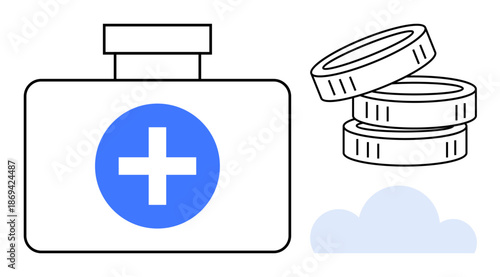 Healthcare, medical services, finance, cost management, health insurance, saving money. First aid box with cross icon and stack of coins. Healthcare and medical services finance theme