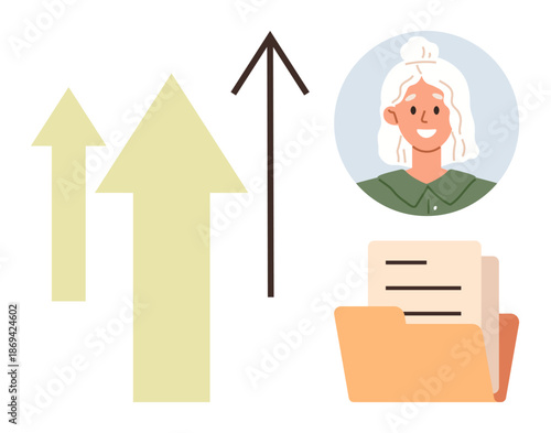 Career growth, success, personal development, business progress, organization, teamwork. Upward arrows, folder with documents portrait of smiling individual with white hair. Career growth