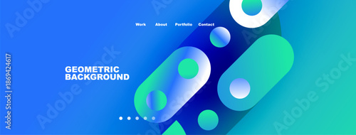 Abstract geometric background. Blue gradients, circles, shapes create modern design. Website header with navigation options visible.