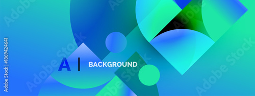 Abstract vibrant background. Overlapping circles, squares create dynamic visual effect. Text reads AI BACKGROUND. Blue, green hues dominate composition.