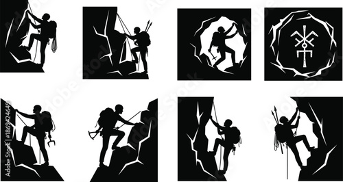 Rock climber silhouette set ascending vertical cliffs and caves with rope and gear extreme adventure mountaineering illustration collection