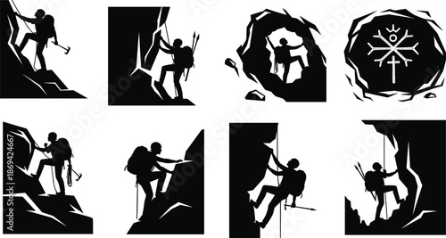 Rock climber silhouette set scaling steep cliffs and caves with rope and gear extreme adventure mountaineering illustration collection