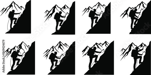 Mountain climber silhouette set ascending steep rock faces with rope and backpack outdoor adventure hiking illustration collection