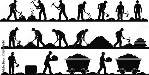 Silhouette set of miners using pickaxes and carts showing coal mining process industrial labor illustration sequence black icons collection