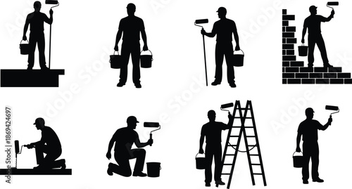 Professional painter silhouette set using rollers ladders and buckets for interior and exterior wall painting renovation work illustration