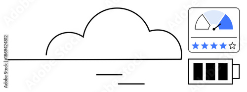 Cloud computing concept. Cloud computing efficiency tracking with performance rating and battery usage. Cloud computing supports digital storage, tech solutions, IT management, data analysis