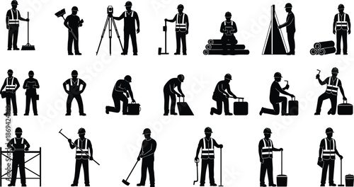 Industrial construction worker silhouette set wearing safety vests performing surveying installation repair and maintenance tasks with professional tools illustration