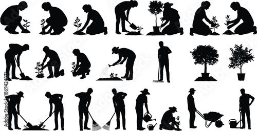 Gardening and landscaping worker silhouettes planting watering raking and soil preparation tasks for home garden maintenance illustration set