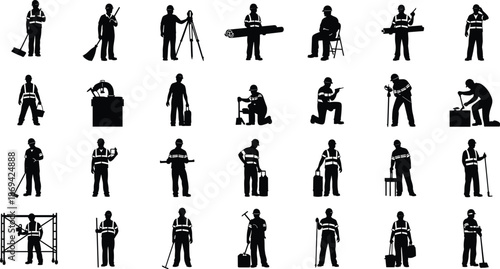 Industrial worker silhouette set wearing safety vests performing construction maintenance surveying and repair tasks with tools illustration collection