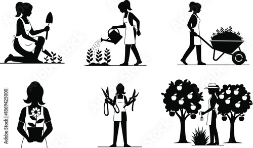 Female gardener silhouette set planting watering pruning and harvesting plants with tools for home gardening outdoor nature lifestyle illustration