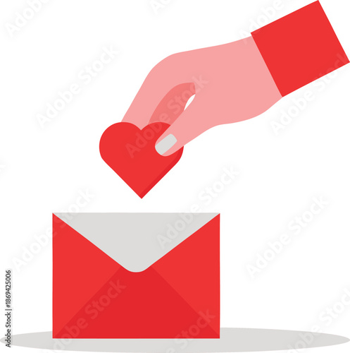 Hand dropping heart into red envelope vector illustration