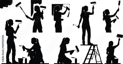 Female painter silhouettes using rollers brushes and ladders for home renovation interior wall painting illustration set concept collection professional decorators