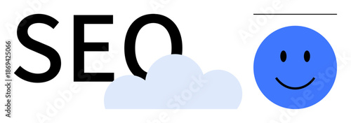 SEO concept. SEO with smiling blue face and cloud elements s digital marketing and optimization. SEO improving online visibility and performance. For web design, marketing, branding, UXUI