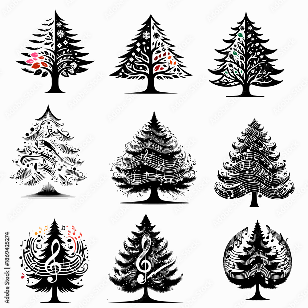 Obraz premium Creative Musical Pine Tree Silhouette with Music Notes and Clef Symbols