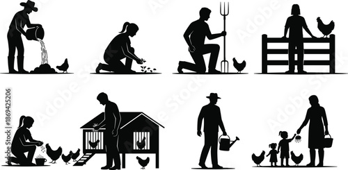Family farming silhouette set showing parents and children planting crops feeding chickens and watering gardens in sustainable rural lifestyle illustration