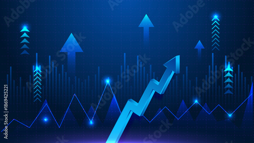 Digital growth chart with rising arrow showing financial success, blue abstract business graph illustration for investment, stock market, economy analysis, modern banking finance background vector des