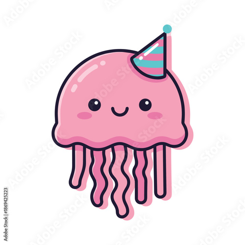 Cute Pink Jellyfish with Party Hat Vector Illustration