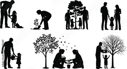 Family gardening silhouette set showing parents and children planting watering trees together for environmental care sustainability and outdoor lifestyle illustration