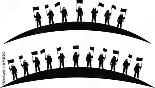Astronaut silhouettes holding flags on curved planetary horizon symbolizing unity teamwork exploration and futuristic space mission illustration collection