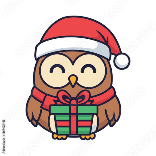 Christmas Owl with Gift Vector Illustration