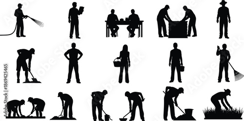 Agriculture and gardening worker silhouette set performing watering planting harvesting and landscaping tasks for farm and outdoor labor illustrationAgriculture and gardening 