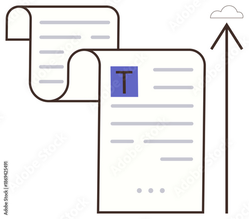Data storage, cloud computing, digital documents, online sharing, paperless workflow, and technology. Scrolling documents with cloud upload symbol. Cloud computing and data storage concept