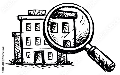Hand drawn illustration of a building and a magnifying glass depicting a property search for real estate