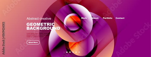 Modern website mockup. Pink background features abstract geometric shapes, text, navigation menu, plus read more button. Clean design.