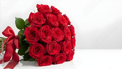  Elegant Valentine's bouquet of crimson roses tied with silk, isolated on a clean white surface, with elegant blank space for custom text