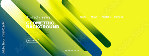 Abstract geometric background features vibrant gradients, shapes, text elements. Modern design suitable for website headers, presentations.