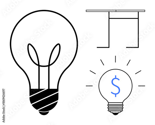 Innovation, finance, creativity, business, workspaces, energy efficiency. Black and white light bulb, desk illustration and glowing bulb with dollar sign. Innovation and finance concept