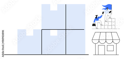 Business teamwork, leadership, small business, entrepreneurship, support, goal achievement. Two people collaborate holding puzzle pieces near a store. Teamwork and small business concept