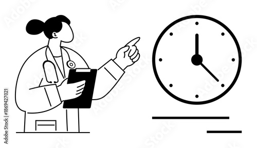 Healthcare scheduling, time management, appointment setting, medical services, patient care, work-life balance. A doctor holding a clipboard and pointing to a clock. Time management and healthcare