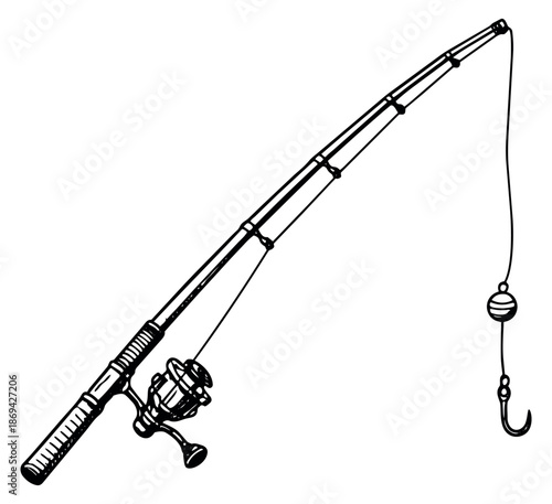 Hand drawn line art illustration of a fishing rod depicting a reel, bobber, and hook for fishing