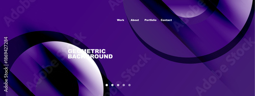 Abstract purple design. Dynamic curves, gradients create modern look. Navigation menu present, geometric background visible.