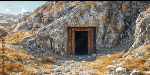 Rusted metal doorway leads into dark tunnel built into rocky hillside with dry grass and stones scattered around. Generative by AI.