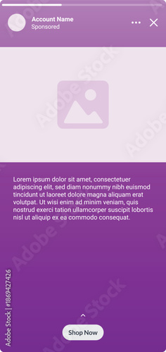 Story ad template. Sponsored account name, product image, description text, swipe up call to action shop now button and close. Social media marketing promotions. Mockup template for smartphone. Phone 