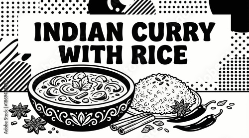 Indian curry served with rice and spices Black and white vector illustration, designed in clean outline style for menu and editorial use