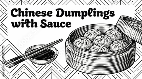 Chinese dumplings served with dipping sauce Black and white vector illustration, representing classic Asian street and home cuisine