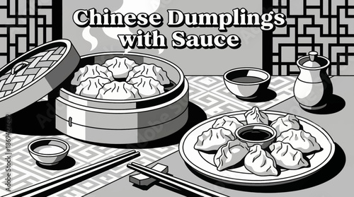 Chinese dumplings served with dipping sauce Black and white vector illustration, representing classic Asian street and home cuisine